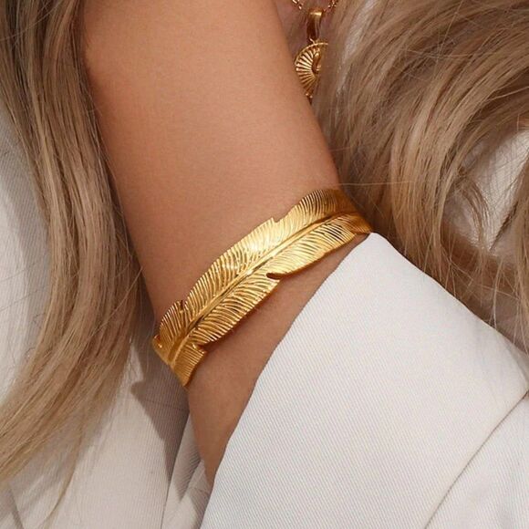 Feather Cuff Bangle Bracelet in Gold - Picture 1 of 12